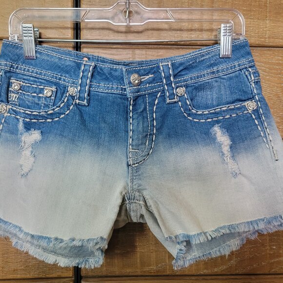 MISS ME SHORTS BLEACH DIP DYE BLUE OMBRE STRETCH LOW RISE DISTRESSED SIZE 28 - Picture 2 of 14
